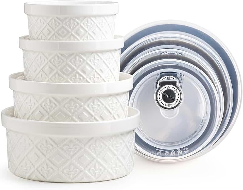 Set of 4 Large White Porcelain Mixing Bowls with Lids