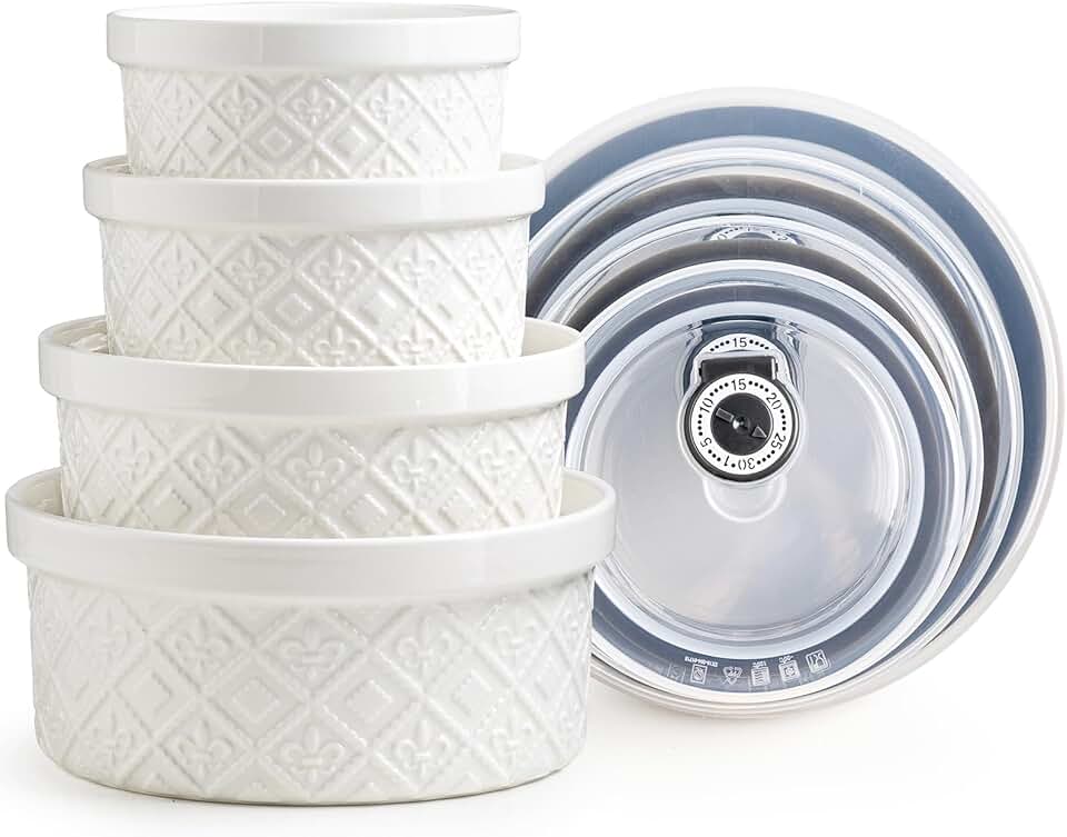 Set of 4 Large White Porcelain Mixing Bowls with Lids