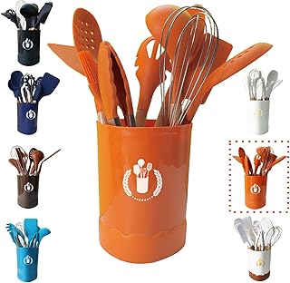 11-Piece Orange Silicone Kitchen Utensil Set with Wooden Handles