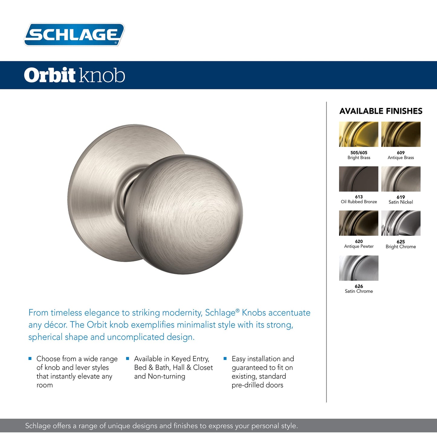 F40 ORB 605 Orbit Door Knob, Privacy Lock, Bright Br