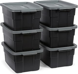Six durable 3-gallon storage bins with lids and handles
