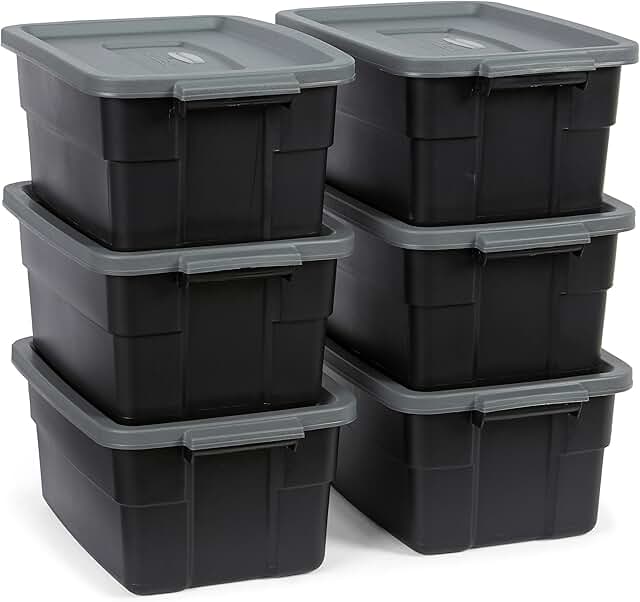 Six durable 3-gallon storage bins with lids and handles