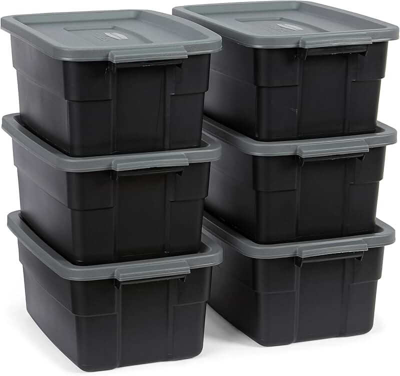 Six durable 3-gallon storage bins with lids and handles
