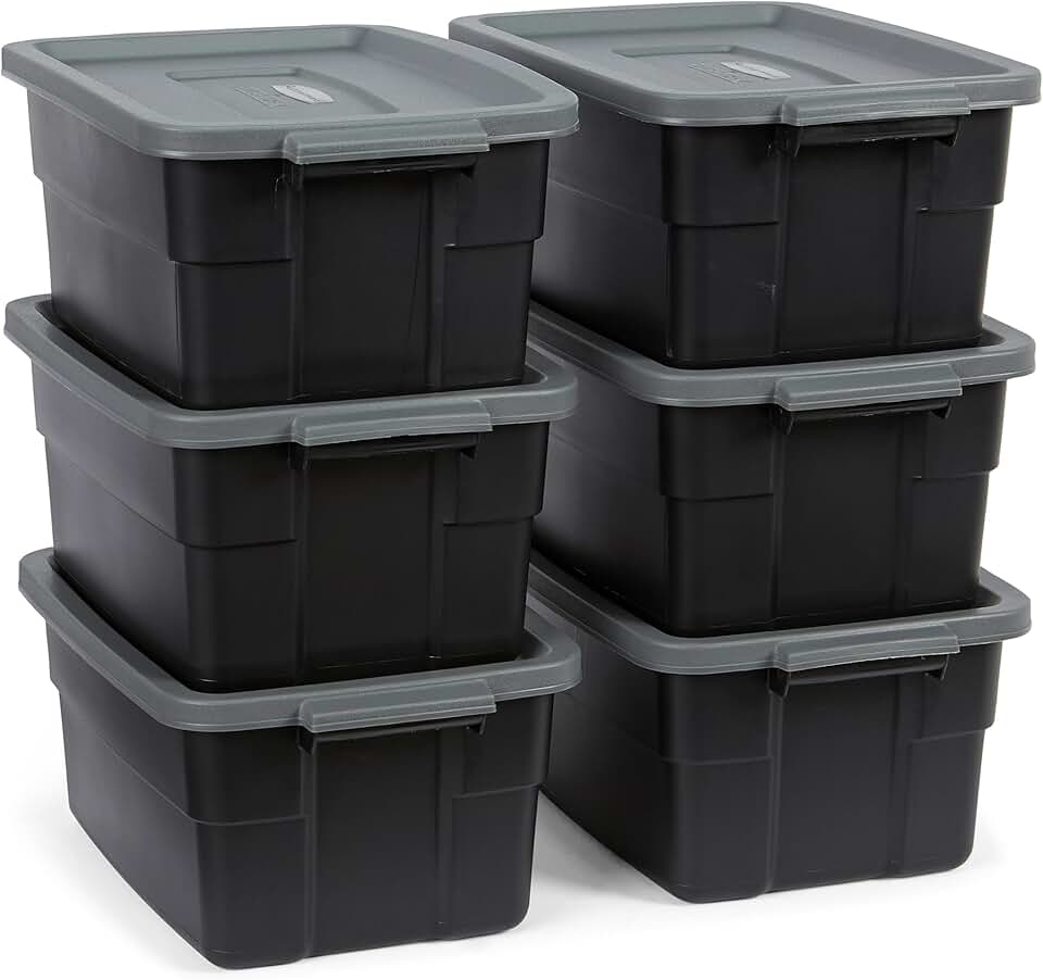 Six durable 3-gallon storage bins with lids and handles