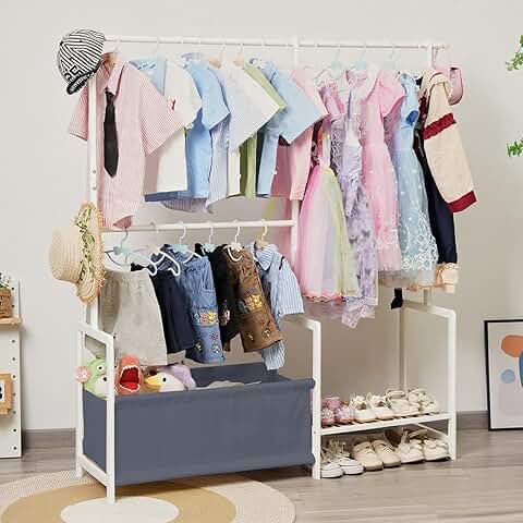 Kids Clothing Rack with Storage and Adjustable Rods