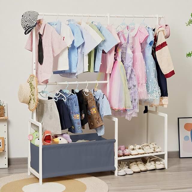 Kids Clothing Rack with Storage and Adjustable Rods