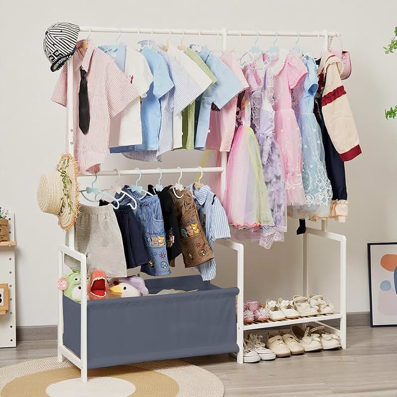 Kids Clothing Rack with Storage and Adjustable Rods