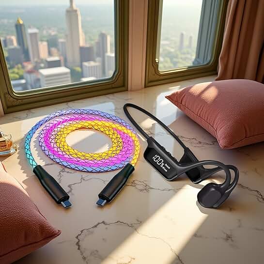 Black Bone Conduction Sports Bluetooth Headphones with RGB Light and USB-C Cable