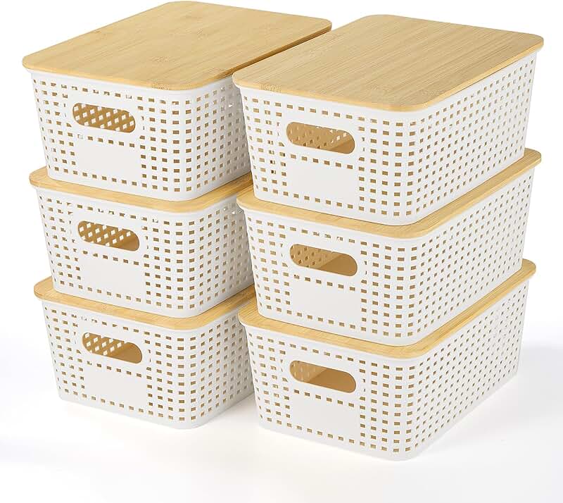 Set of 6 plastic storage baskets with bamboo lids