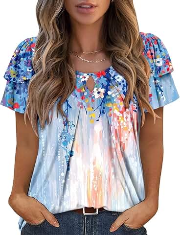 Women's Short Sleeve Summer Tunic with Keyhole Neck