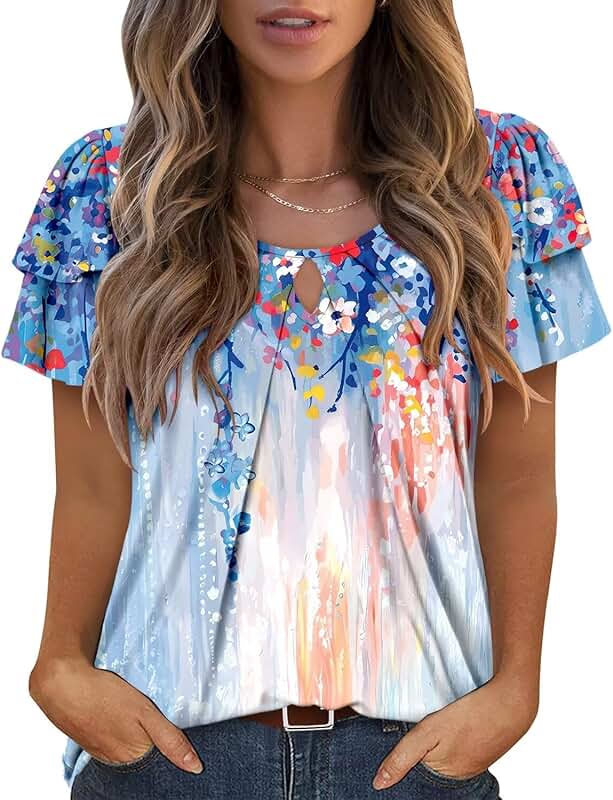 Women's Short Sleeve Summer Tunic with Keyhole Neck