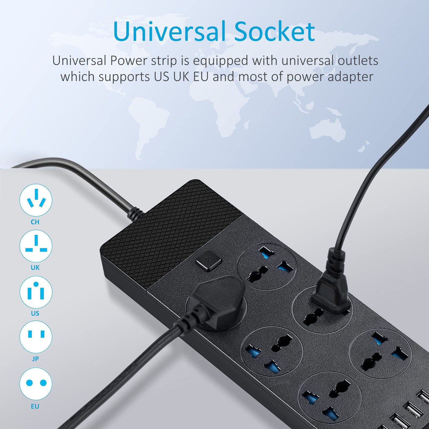 Power Strip with USB Ports, 6 Feet Extension Cord with 6 Wide Spaced Outlets, 110-240v, 3000w Universal Power Strip Wall Mount Outlets Extender Cruise Power Strip for Travel Home Office, Black