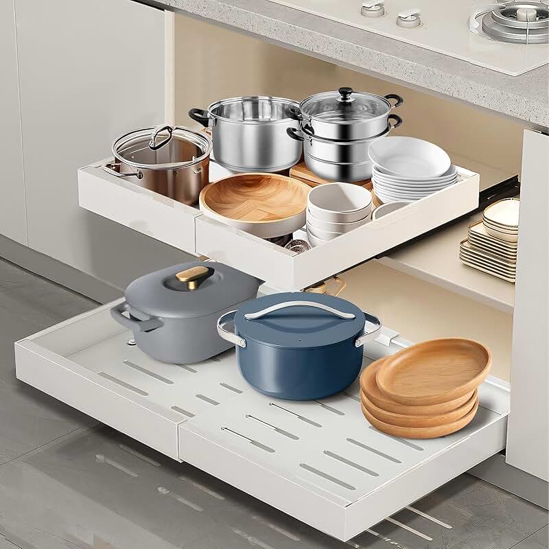 Expandable pull-out cabinet organizer for kitchen and pantry storage