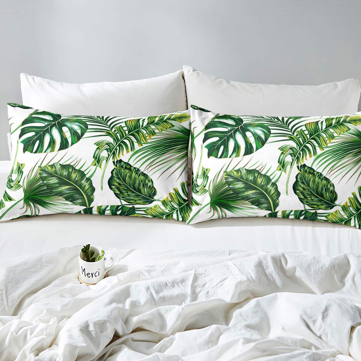 Palm Leaves Comforter Cover Monstera Banana Leaves Duvet Cover H aiian Tropical Leaves Bedding Set Green Leaves Branches Quilt Cover for Men Women, White 2 Pcs Twin Size