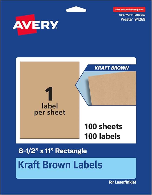 Brown Rectangle Labels, 8.5" x 11", 100 Sheets