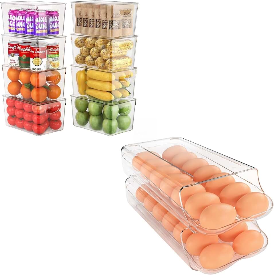 Large Stackable Refrigerator Organizer Bins and Egg Holder