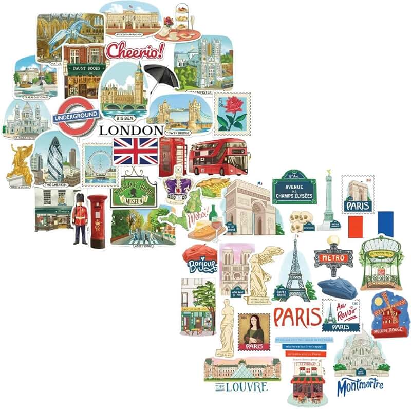 Paris and London travel sticker set, 53 waterproof decals