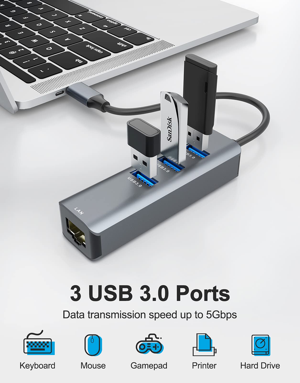 USB C to Ethernet Adapter, 4-in-1 RJ45 to USB-C/Thunderbolt 3 to Gigabit Ethernet LAN Network Adapter for MacBook Pro/Air 2021/2020/2019, iPad Pro 2021, Chromebook, XPS, Surface Book 3/2/Go