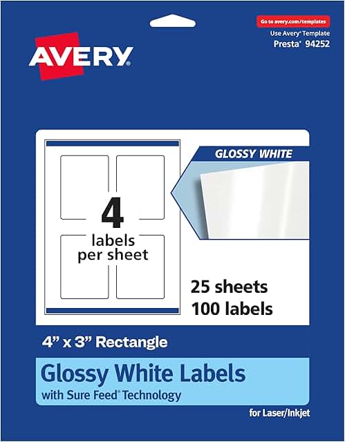 Glossy White Rectangle Labels, 4x3 inches, 100 sheets