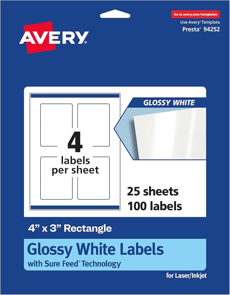 Glossy White Rectangle Labels, 4x3 inches, 100 sheets