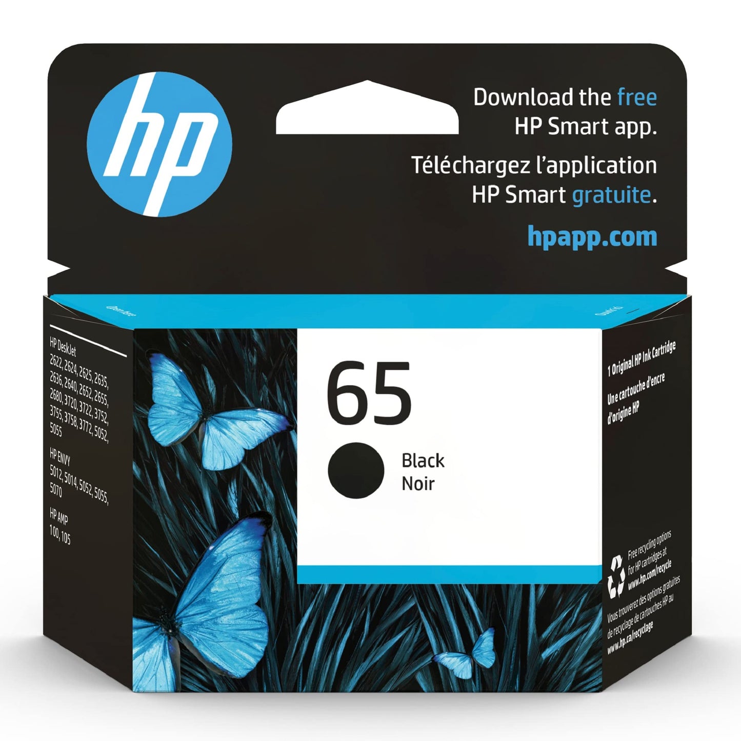 Original 65 Black Ink Cartridge | Works with AMP 100 Series, DeskJet 2600, 3700 Series, ENVY 5000 Series | Eligible for Instant Ink | N9K02AN