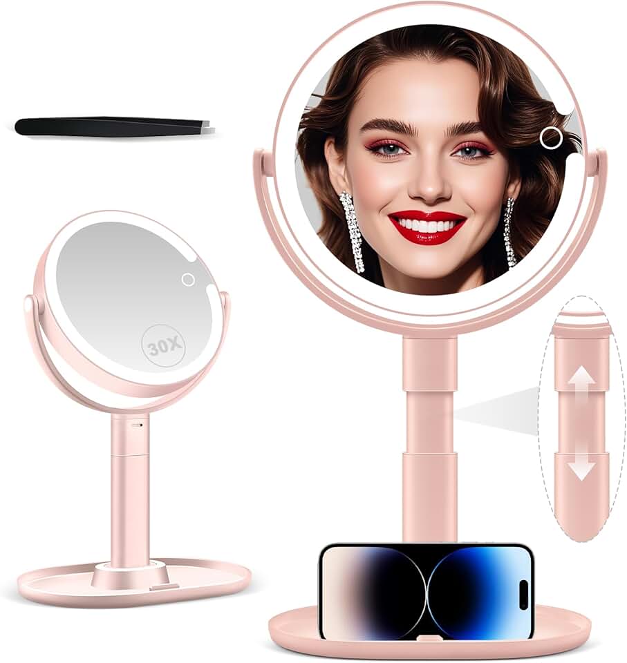 Pink 20X Magnifying Makeup Mirror with Lights and Touch Switch