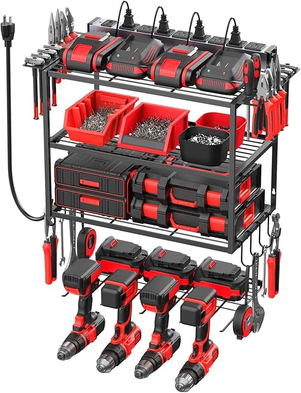 Wall Mount Tool Organizer with Charging Station and Storage