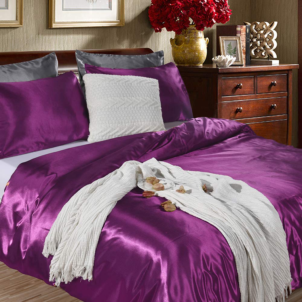 Hotel Purple Duvet Cover Full Silk Like Bedding Set Adult Reversible Quilt Comforter Cover Honeymoon Soft Lightweight Brushed Bedspreads for Farmhouse Room Decor