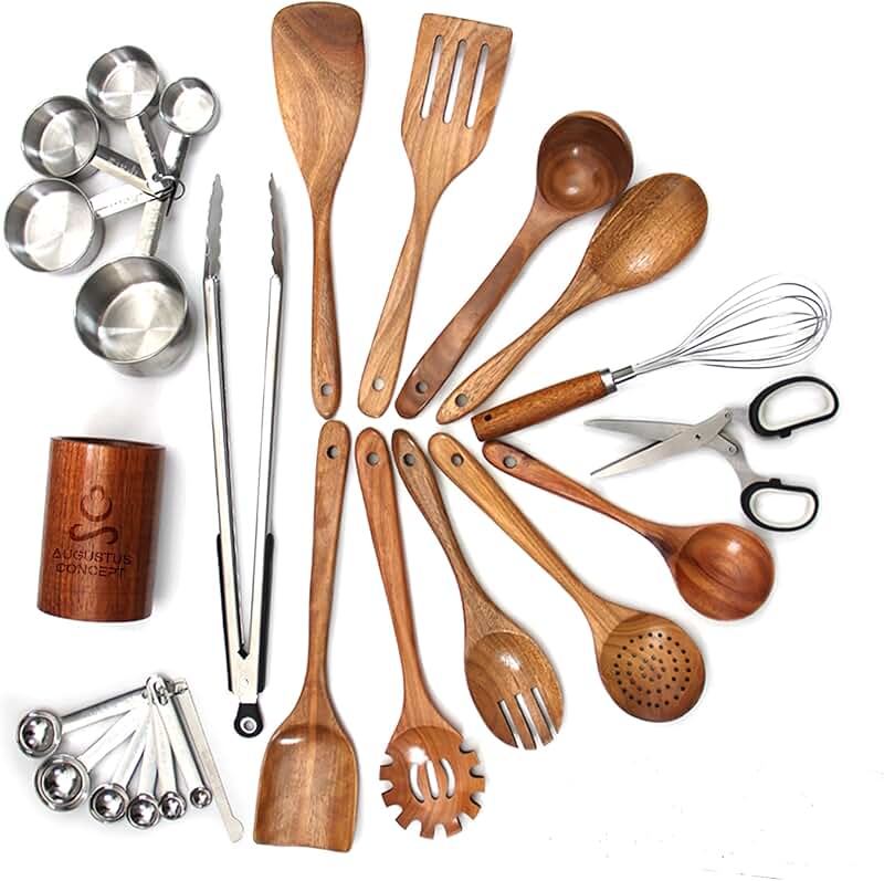 25-Piece Wooden Kitchen Utensils Set with Measuring Cups and Shears