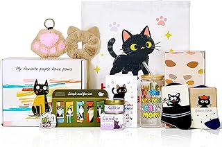 Cat-themed gift box for women with cup, socks, candle, tote, card