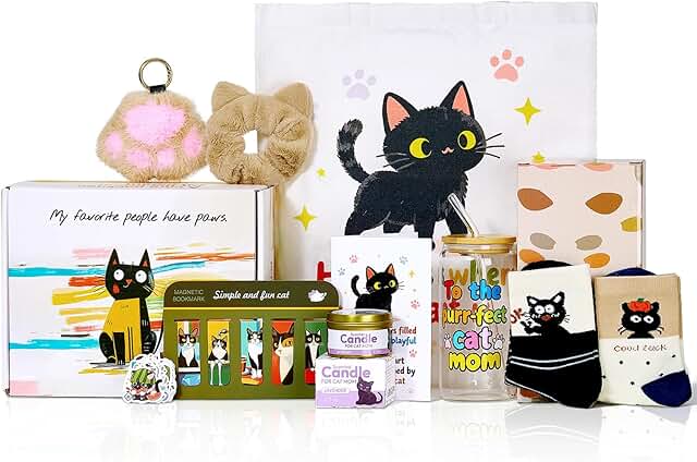 Cat-themed gift box for women with cup, socks, candle, tote, card