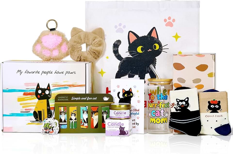 Cat-themed gift box for women with cup, socks, candle, tote, card