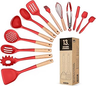 13-Piece Silicone Kitchen Utensil Set with Wooden Handles