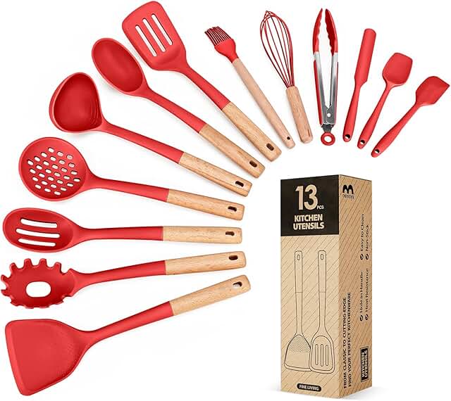 13-Piece Silicone Kitchen Utensil Set with Wooden Handles