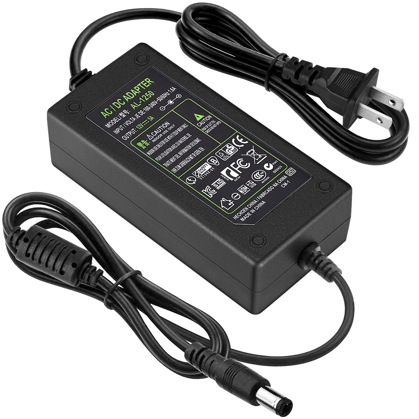 DC 12V 5A Power Supply Adapter 50/60HZ, US Plug, 6.2FT Power Cord, AC 100-240V to DC 12V 5A Switching Transformer Jack 5.5mm x 2.5mm for 3D Printer, Cameras CCTV