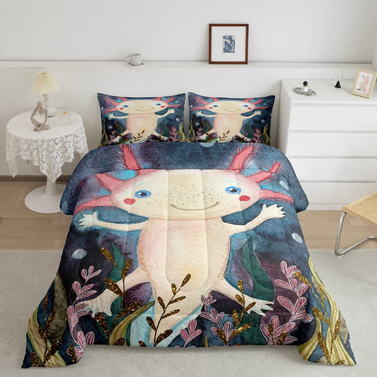 Cute Axolotl Comforter Set Twin Kids Cartoon Salamanda Bedding Comforters  Sets 2pcs Boys Girls Sealife Animal Duvet,Marine Ocean Theme Comforter Coastal Botanical Plant Bedroom Decor