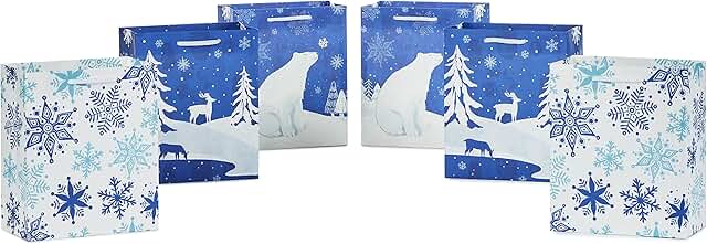 Six 6-inch Christmas gift bags with holiday designs