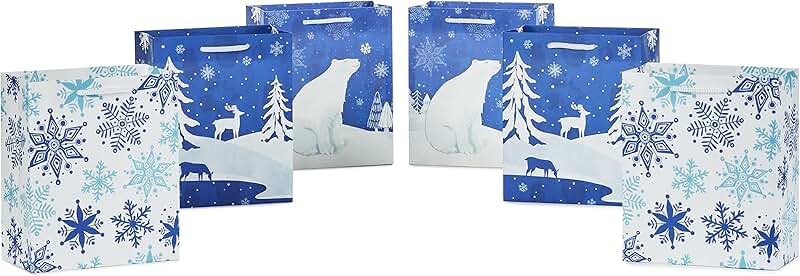 Six 6-inch Christmas gift bags with holiday designs