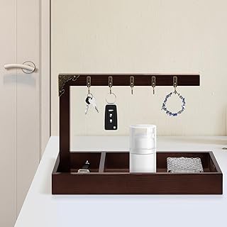 Wooden key tray with 5 hooks and stand, 11.8x11x5.91 inches