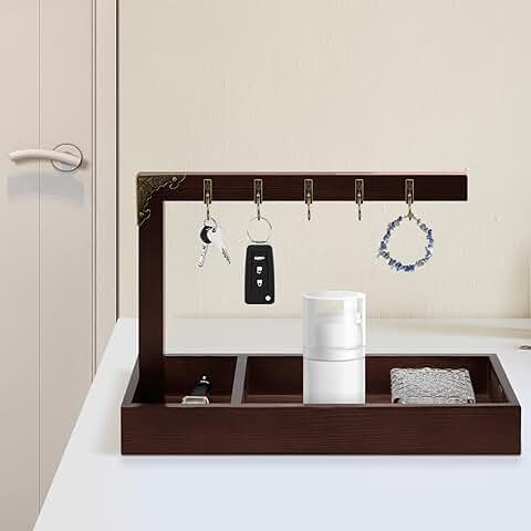Wooden key tray with 5 hooks and stand, 11.8x11x5.91 inches