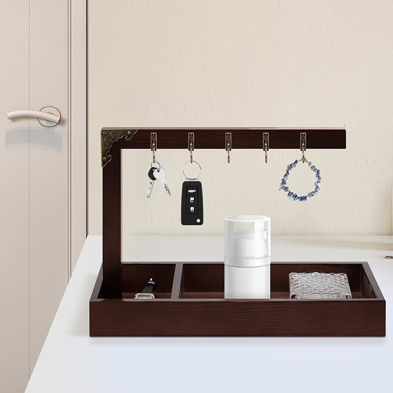 Wooden key tray with 5 hooks and stand, 11.8x11x5.91 inches
