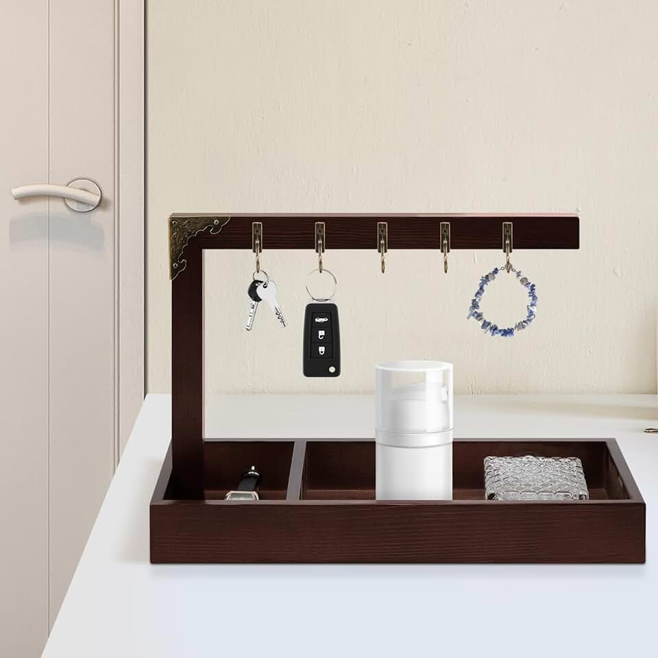 Wooden key tray with 5 hooks and stand, 11.8x11x5.91 inches