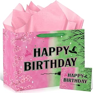 Pink and green witch birthday gift bag with wrapping paper and greeting card