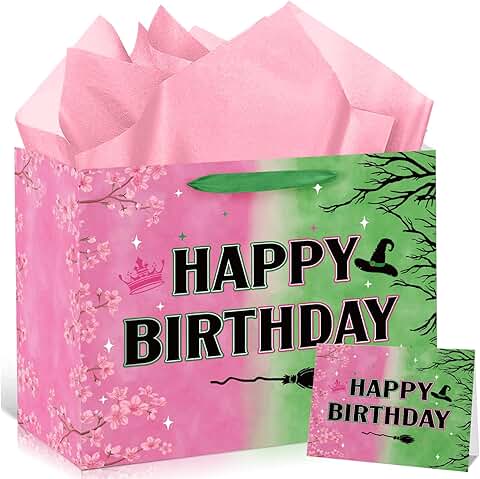 Pink and green witch birthday gift bag with wrapping paper and greeting card