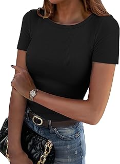 Women's Short Sleeve Ribbed Knit Slim Fit Tee