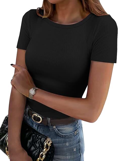 Women's Short Sleeve Ribbed Knit Slim Fit Tee