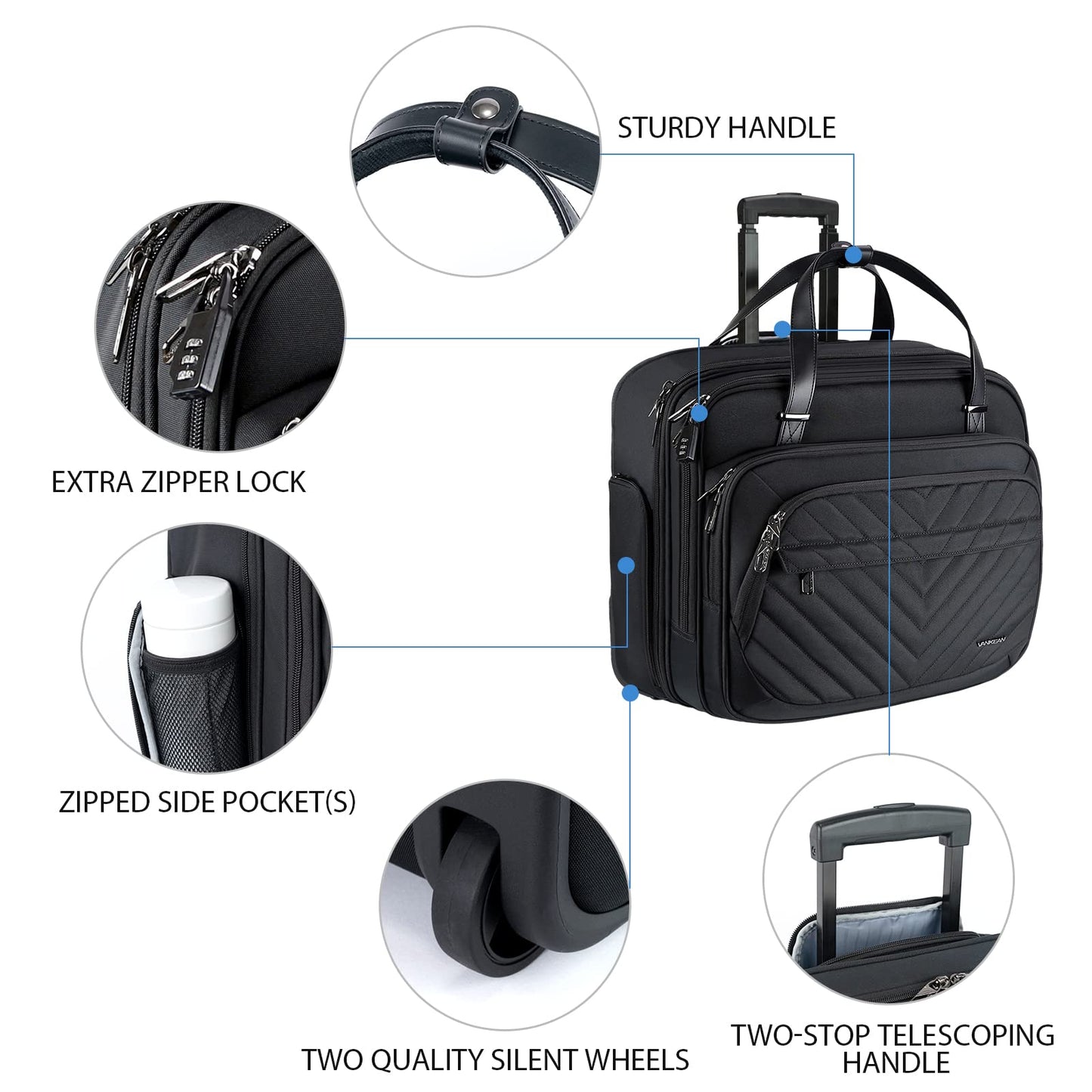 Rolling Laptop Bag Women Men with Wheels, Fits Up to 15.6 Inch Rolling Briefcase Water Repellent Overnight Rolling Computer Bag with RFID Pockets for Travel/Business/School, Black