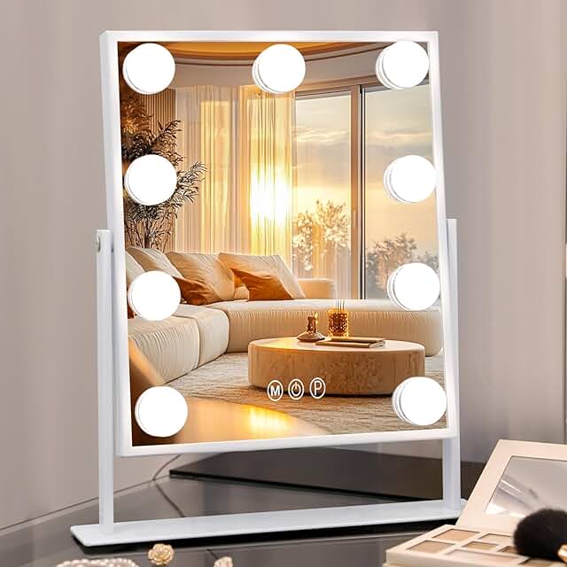Lighted Vanity Mirror with 9 LED Bulbs, 360° Rotation, Dimmable, 3 Color Modes, 10x Magnification