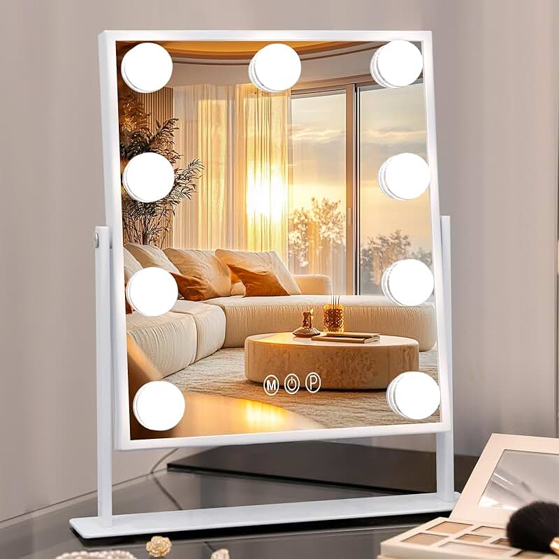 Lighted Vanity Mirror with 9 LED Bulbs, 360° Rotation, Dimmable, 3 Color Modes, 10x Magnification