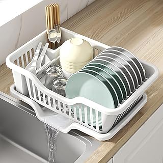 Large White Plastic Dish Drying Rack with Drainboard